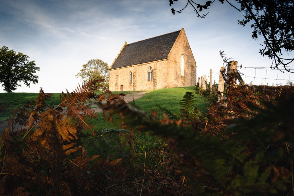 Sortie nature à la chapelle du Montaigu, en Mayenne. Chapelle du Montaigu sous le soleil matinal en automne.
