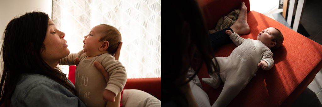 Reportage du quotidien près de Rennes. Montage de photos d'une maman communiquant avec son bébé.